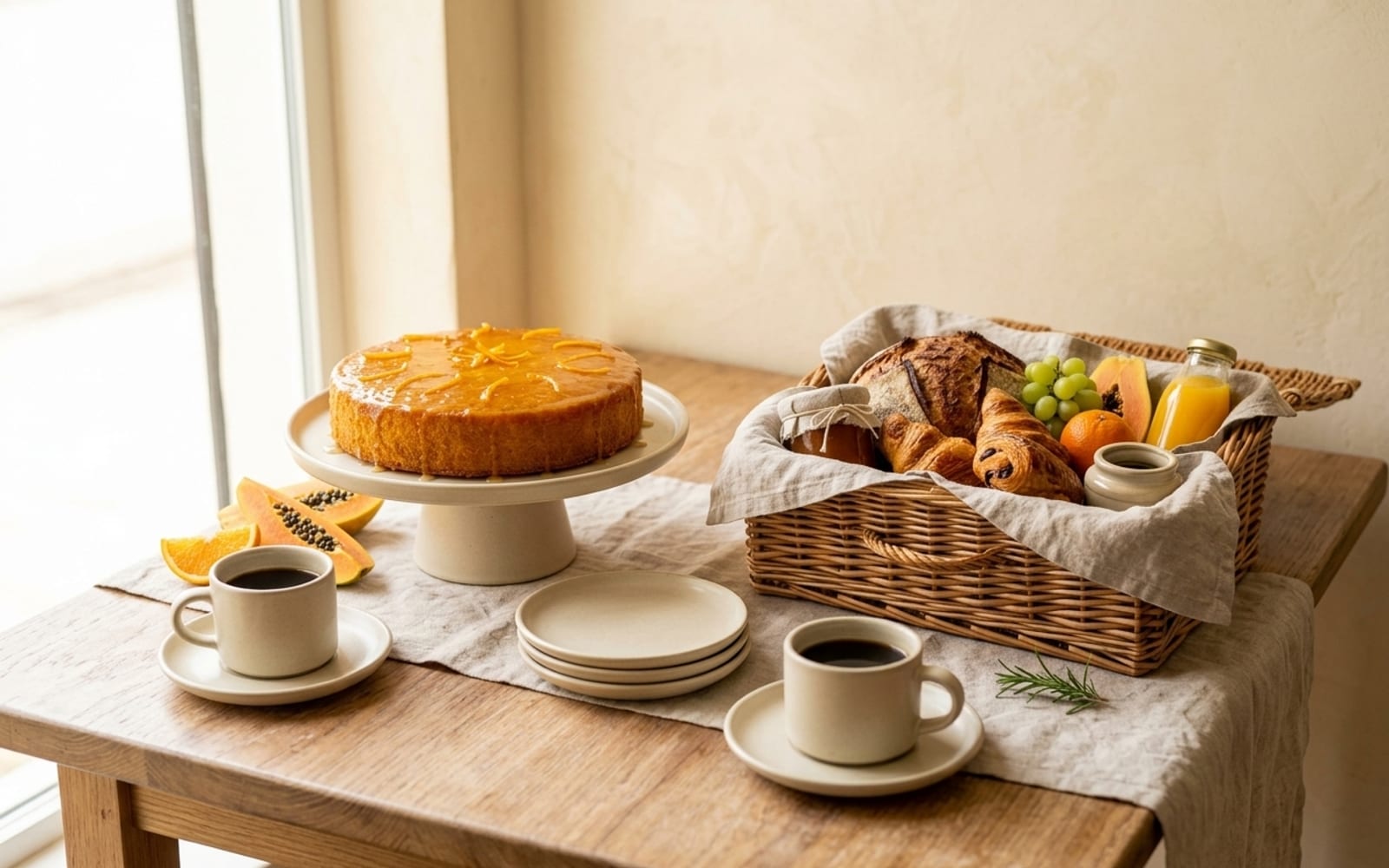 Mesa posta com um bolo de laranja com calda, uma cesta de café da manhã e xícaras de café