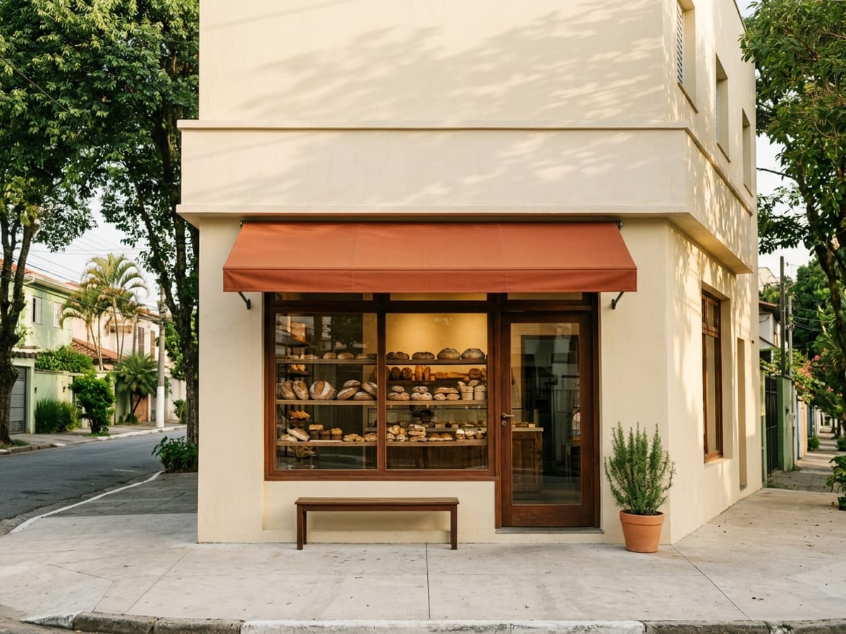 Fachada da Fornada numa rua arborizada, com toldo, vitrine de pães e um banco de madeira na calçada
