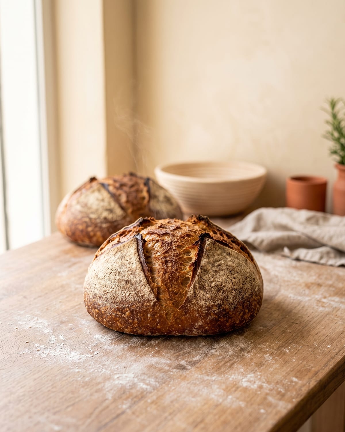 Pão de fermentação natural recém-saído do forno, com a casca aberta e dourada, sobre uma bancada de madeira enfarinhada