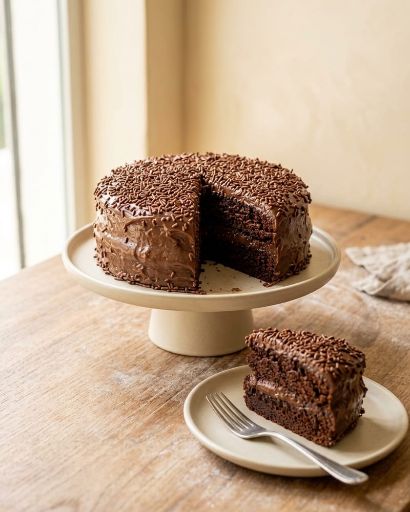 Bolo de chocolate coberto de brigadeiro com granulado, com uma fatia retirada