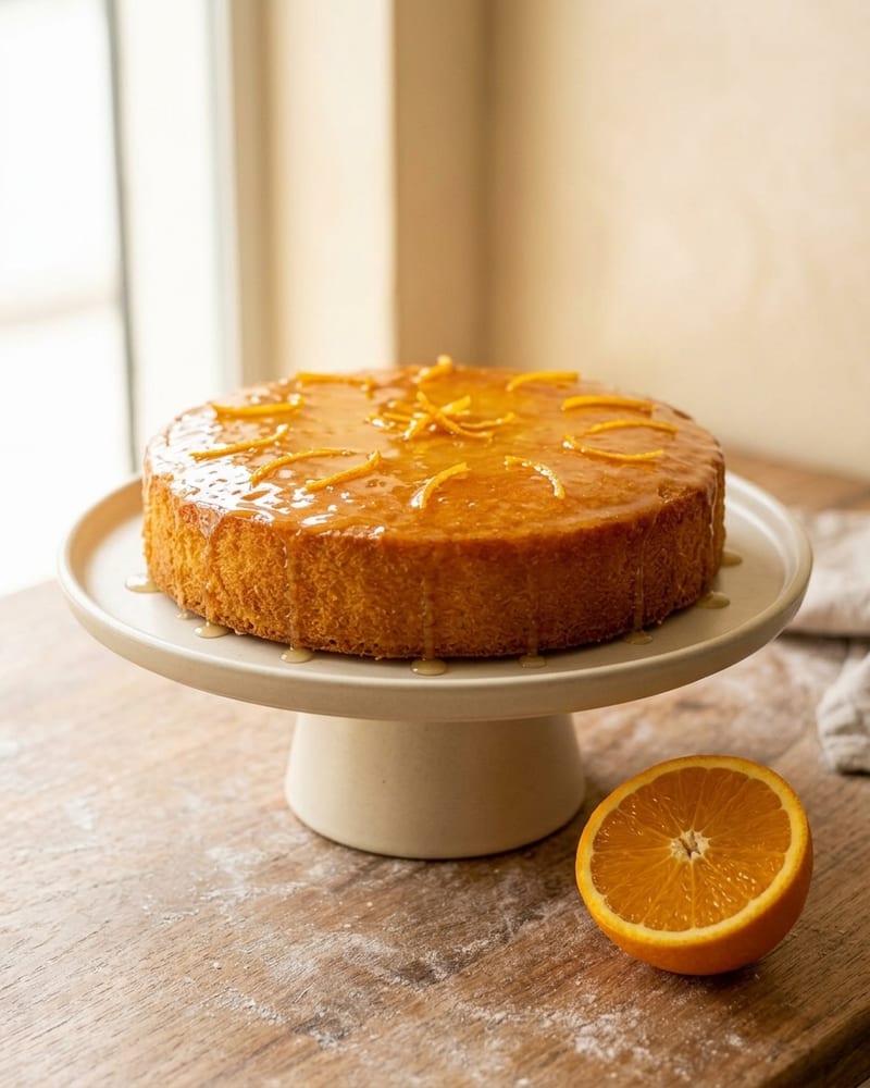Bolo de laranja redondo com calda brilhante e raspas de laranja por cima