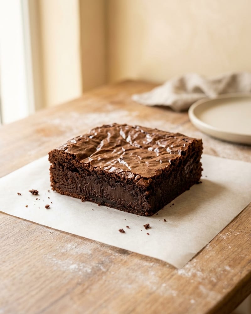 Pedaço quadrado de brownie com a casquinha brilhante rachada por cima