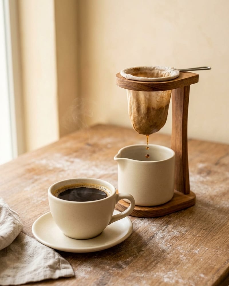 Xícara de café coado ao lado de um coador de pano