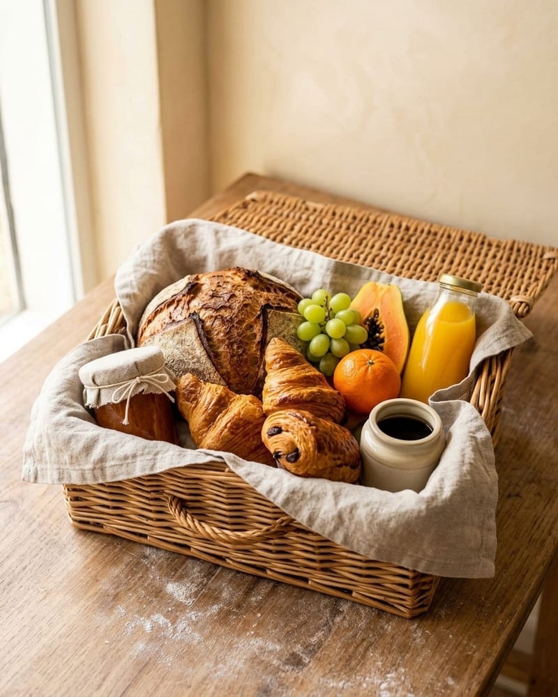 Cesta de vime com pães, folhados, geleia, frutas, suco e café