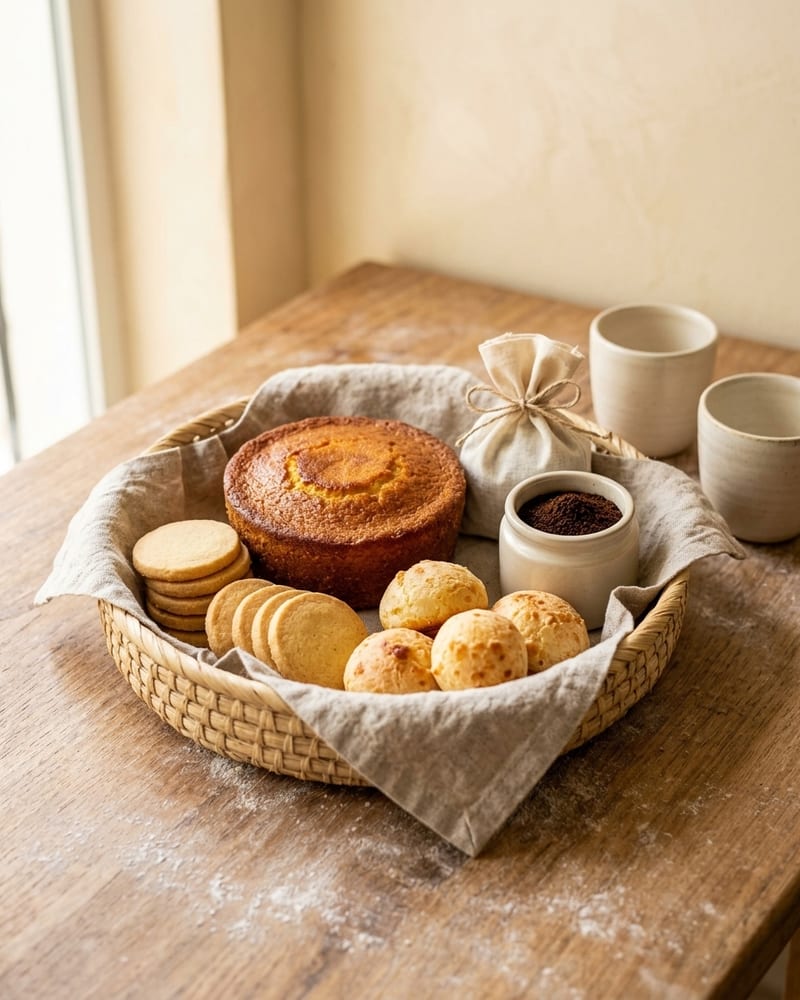 Cesta com bolo pequeno, biscoitos amanteigados, pão de queijo, chá e café