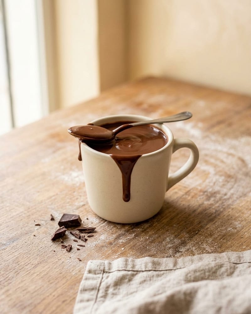 Caneca de chocolate quente espesso, com uma colher apoiada na borda
