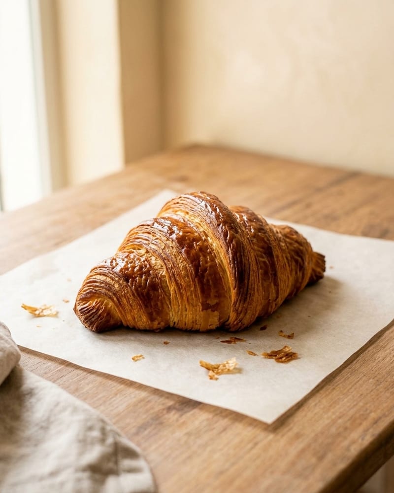 Croissant de manteiga com camadas bem visíveis, sobre papel manteiga