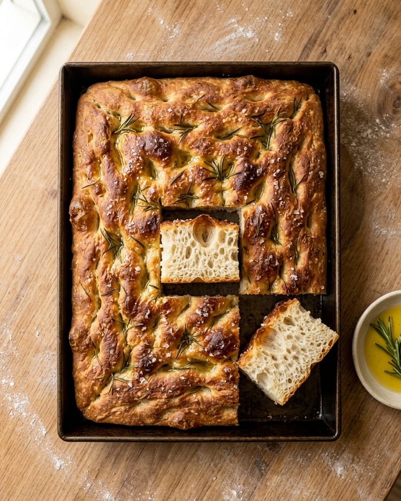 Focaccia alta com raminhos de alecrim, azeite e sal grosso numa assadeira
