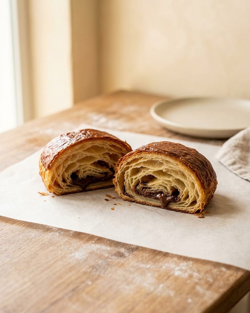 Pain au chocolat cortado ao meio, com o chocolate derretido aparecendo nas camadas
