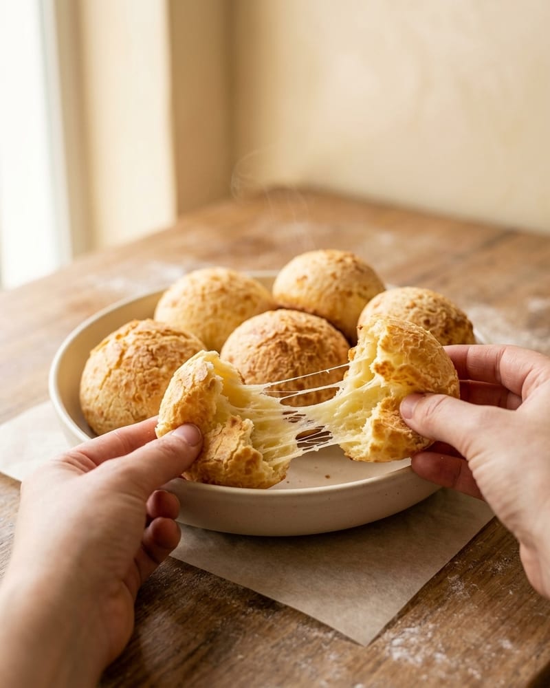Seis pães de queijo dourados, um deles aberto mostrando o miolo que puxa