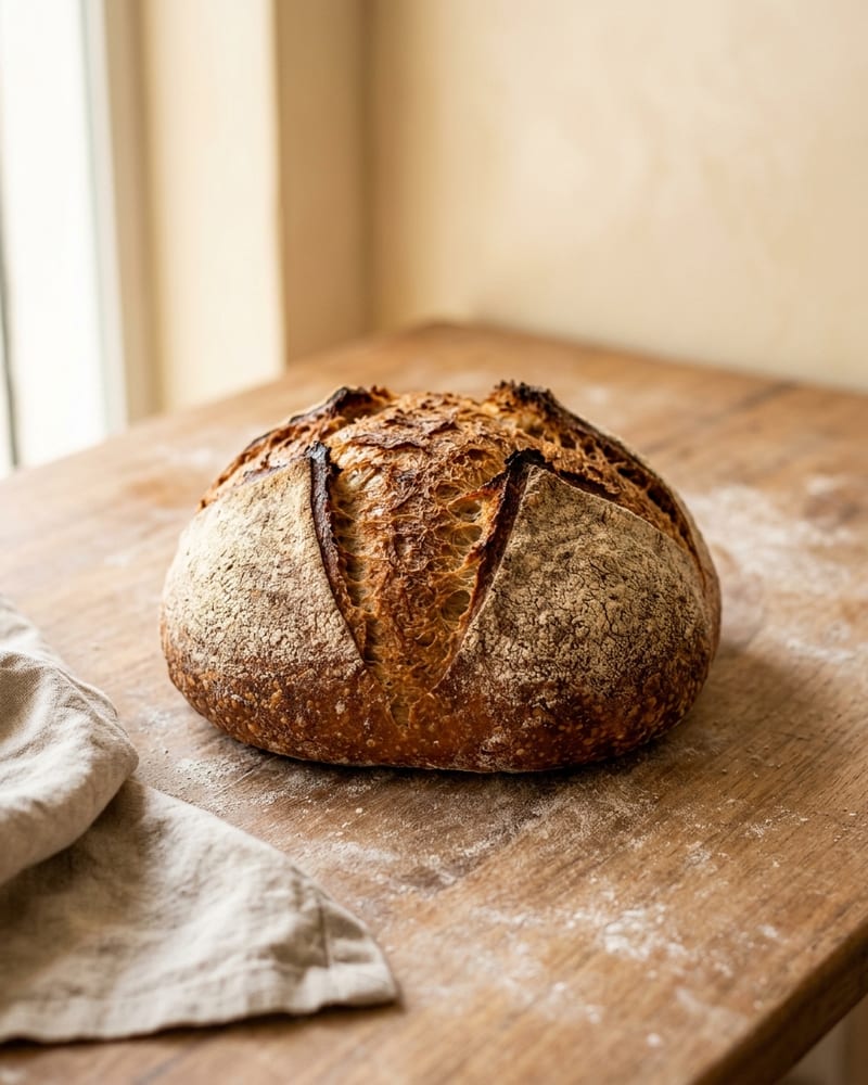 Pão de fermentação natural redondo, com corte em cruz e casca bem dourada