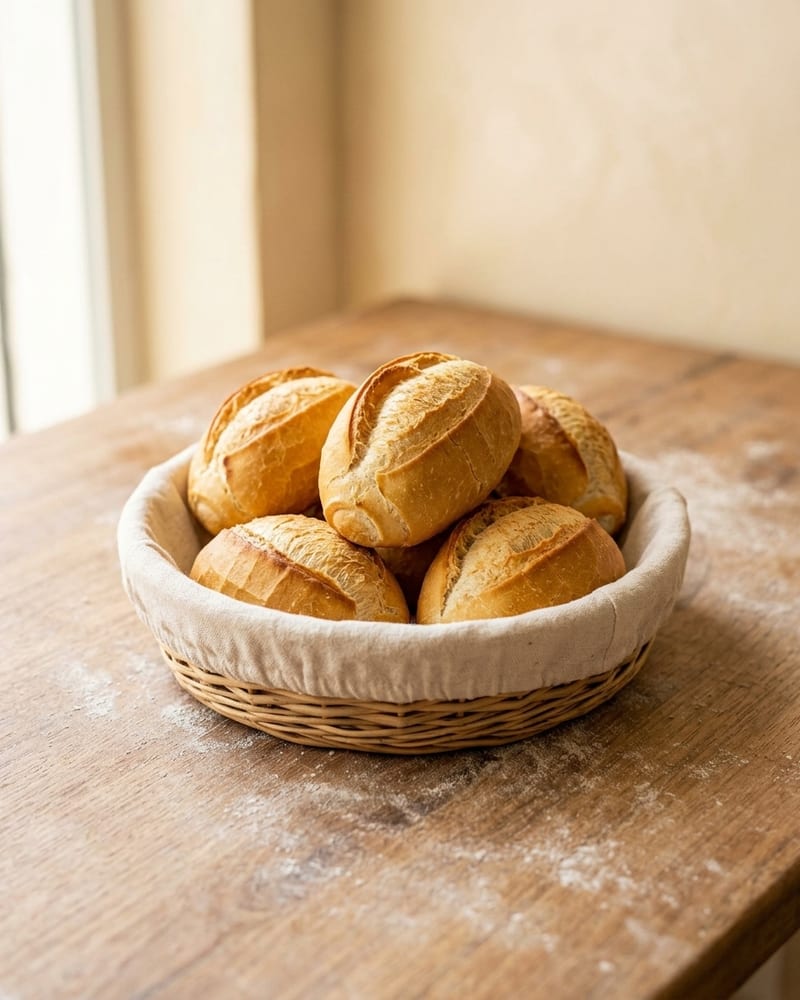 Seis pães franceses dourados numa cesta de palha forrada com pano de algodão