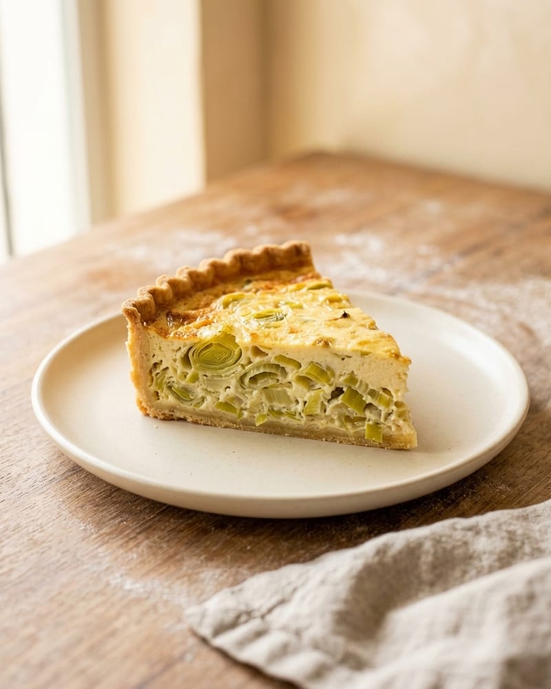 Fatia de quiche de alho-poró com massa dourada e recheio cremoso
