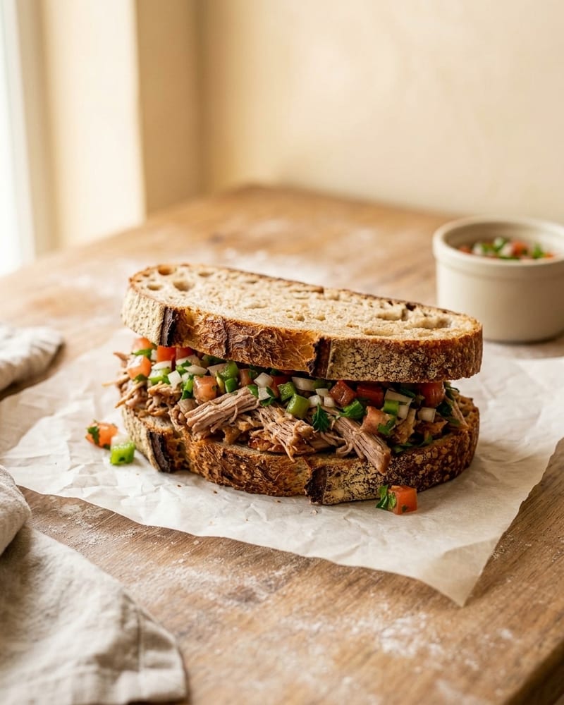Sanduíche de pernil desfiado com vinagrete em pão de fermentação natural