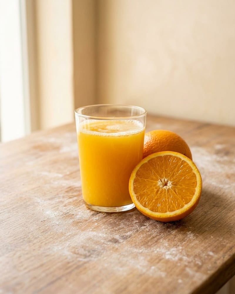 Copo de suco de laranja ao lado de meia laranja cortada